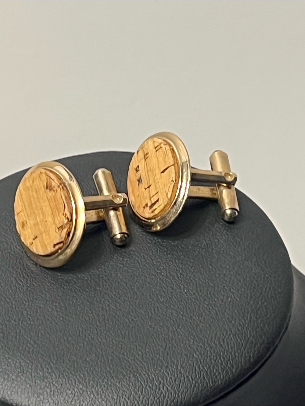 Source Unknown Gold and Light Wood Round Cufflinks